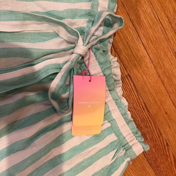 Stoney Clover Lane - High-Rise Linen Shorts - Mint Green & White - Size Large - Picture 3 of 8